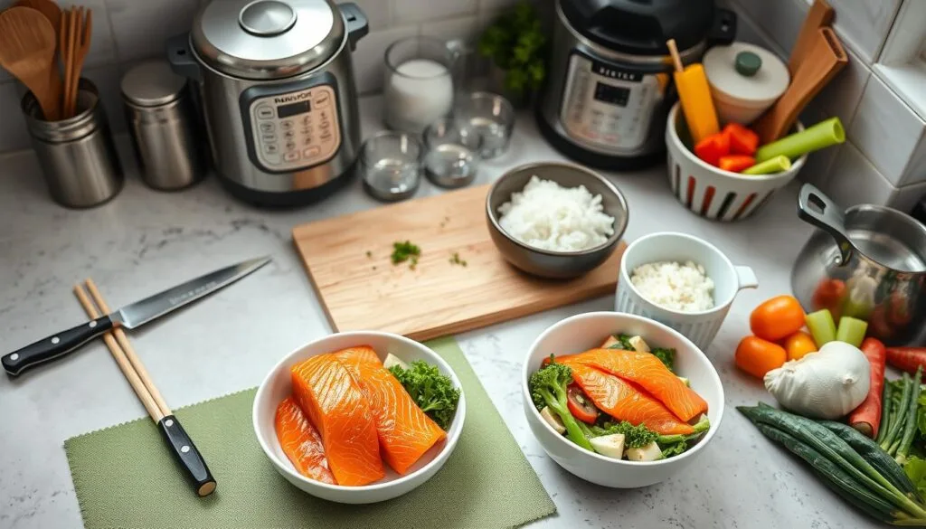 Kitchen tools and equipment for Salmon Rice Bowl Kitchen tools and equipment for Salmon Rice Bowl