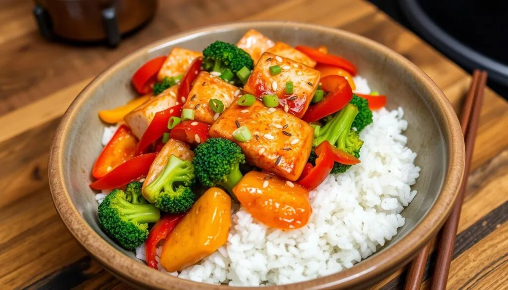 Salmon stir-fry with rice and vegetables Salmon stir-fry with rice and vegetables